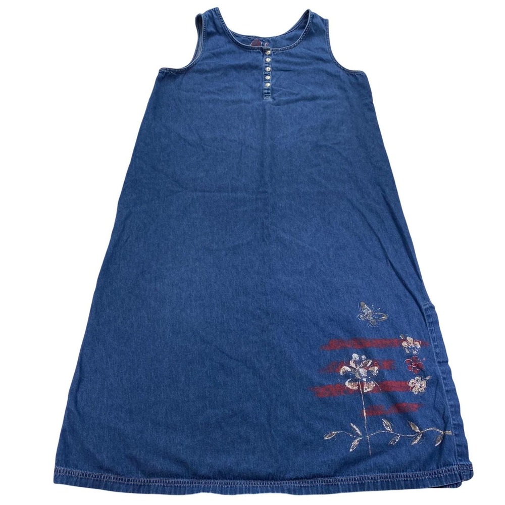 VTG Koret City Blues Denim Maxi Jumper Dress Pinafore XL Blue Floral Butterfly